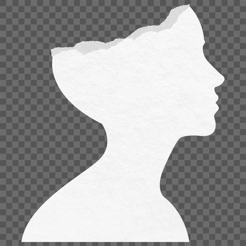 Png white silhouette head sticker, torn paper transparent background