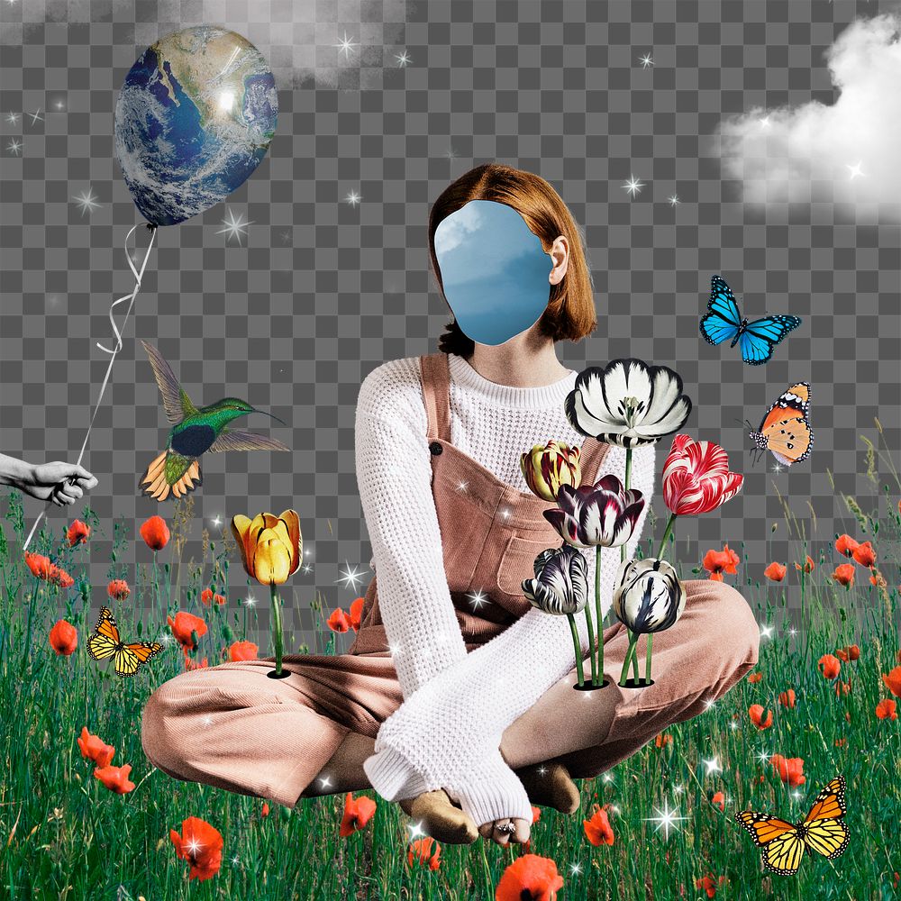 Png faceless woman collage sticker, surreal escapism transparent background
