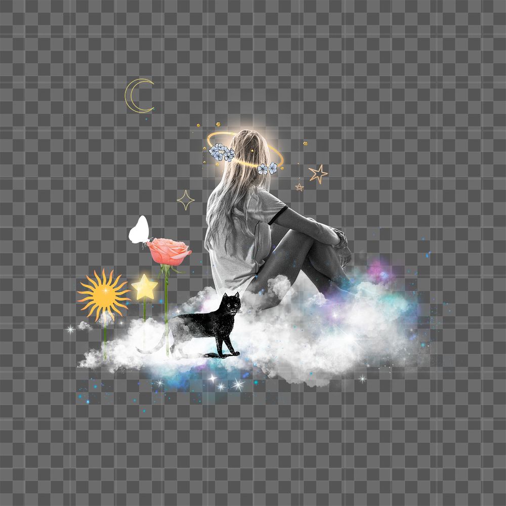 Lonely woman png sticker, surreal collage transparent background