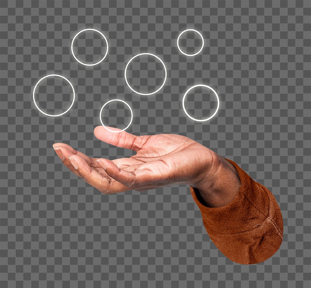 Png hand holding bubble with copy space, transparent background