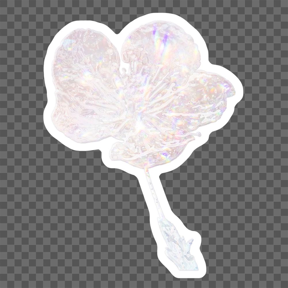 Silvery holographic cherry blossom flower sticker with a white border