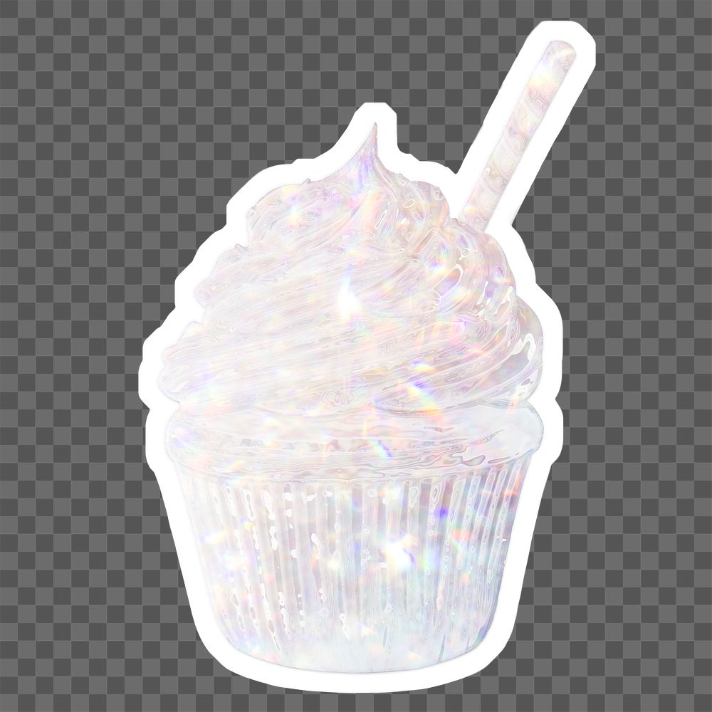 Silvery holographic cupcake sticker with a white border