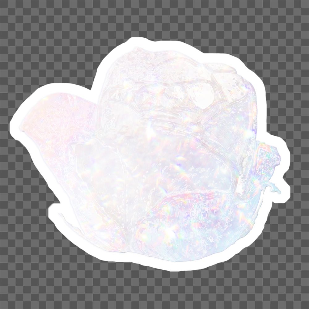 Silvery holographic blooming rose sticker with a white border