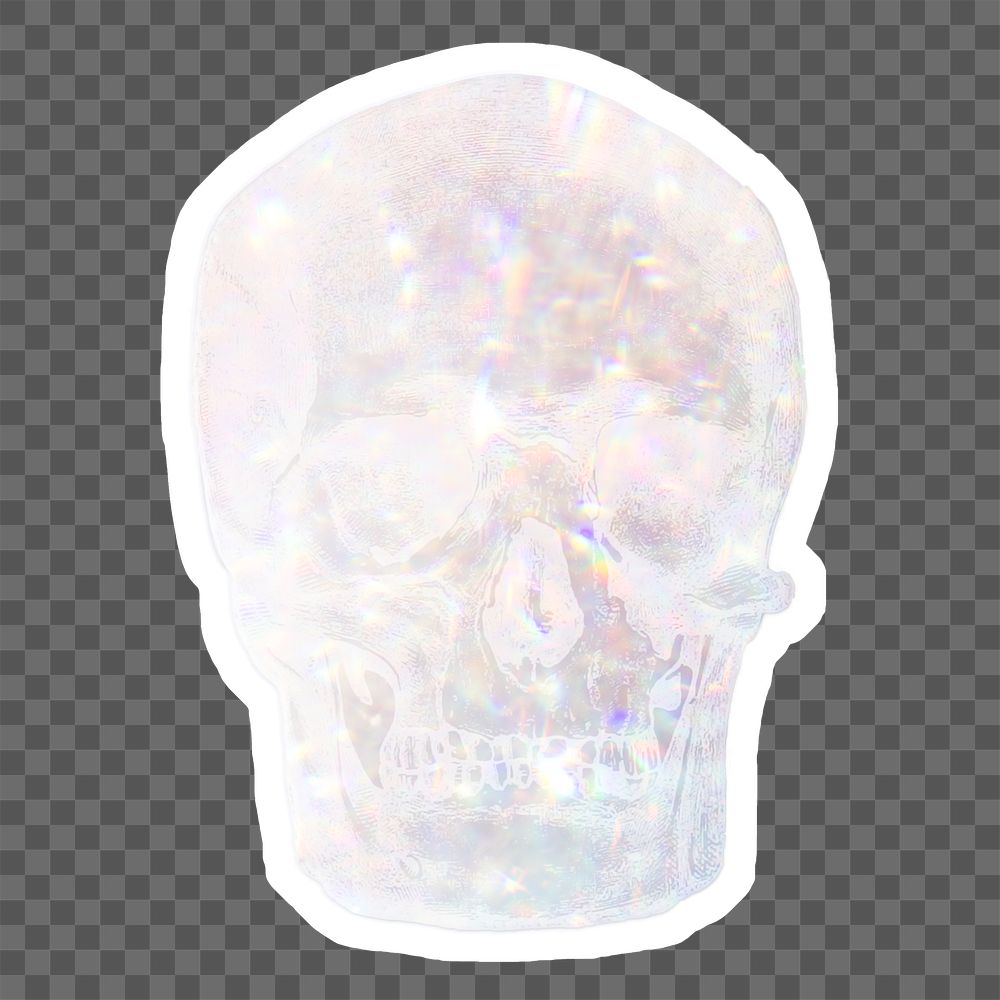 Silvery holographic skull sticker with a white border
