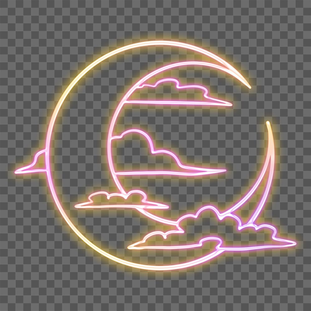 Neon crescent moon surrounded by clouds sticker overlay