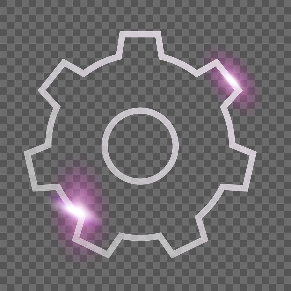 Setting gear png technology icon in neon purple on transparent background