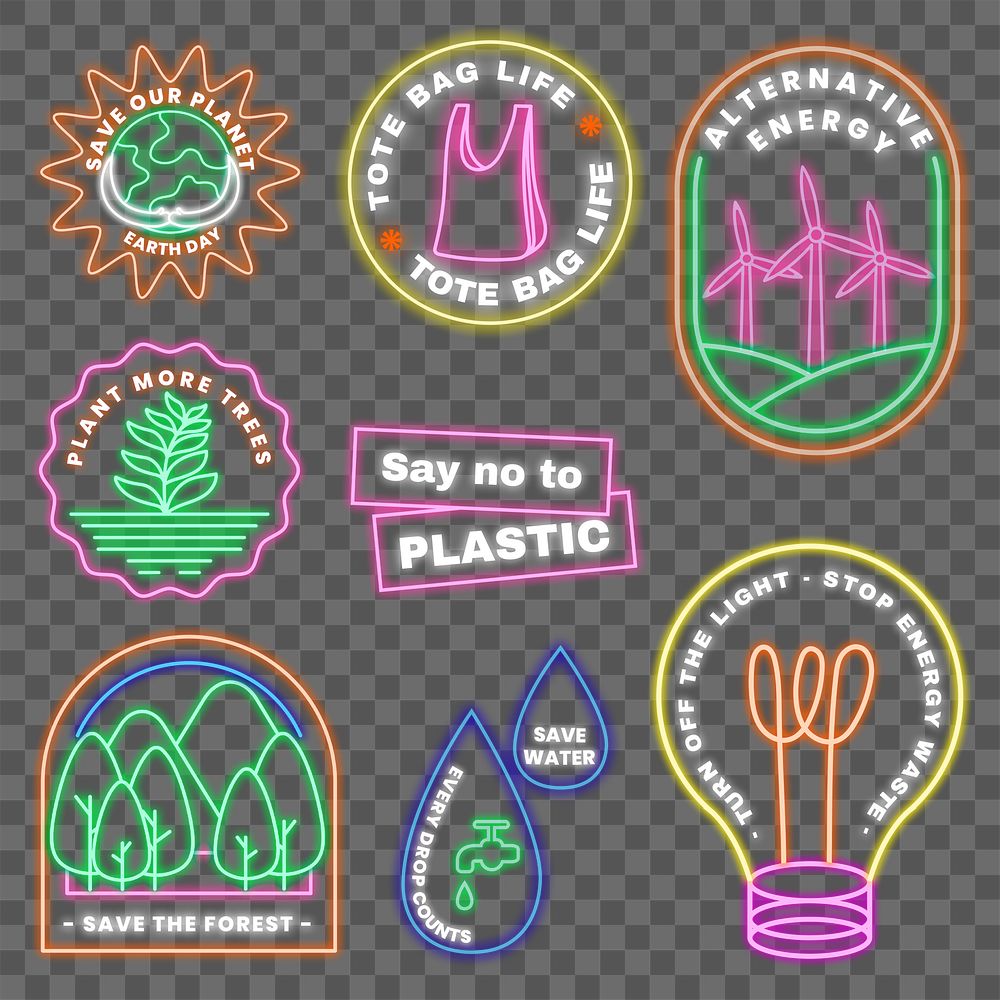 Png neon sign environment illustration set, save earth