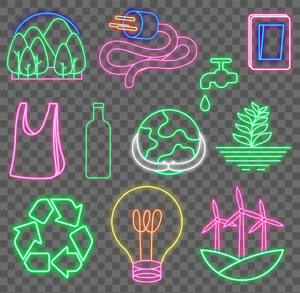 Png neon sign environment illustration set, eco-friendly 