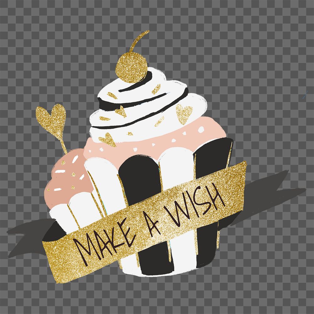 Cupcake PNG sticker, make a wish, gold label 