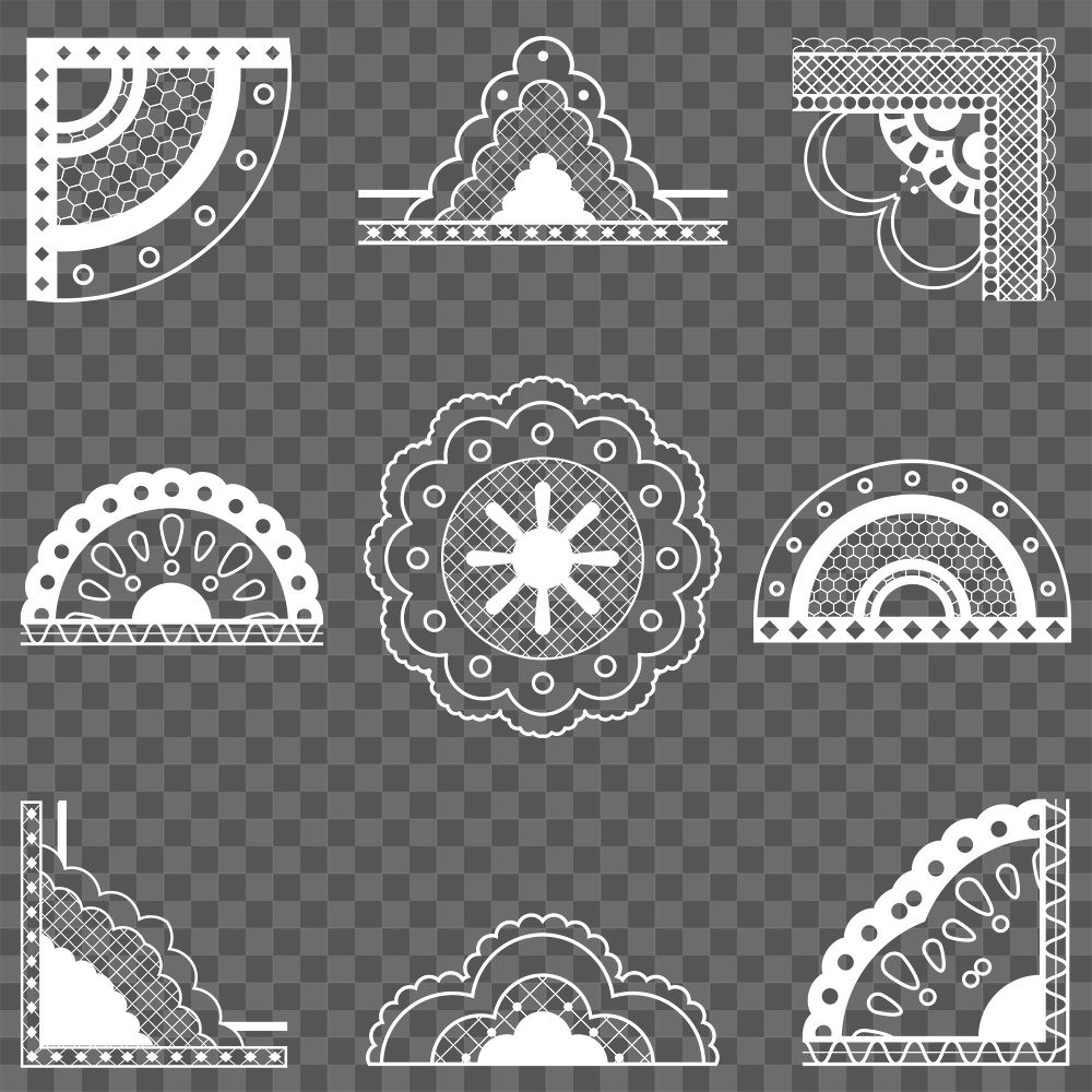 Elegant lace corner png border, classic white fabric, transparent design set