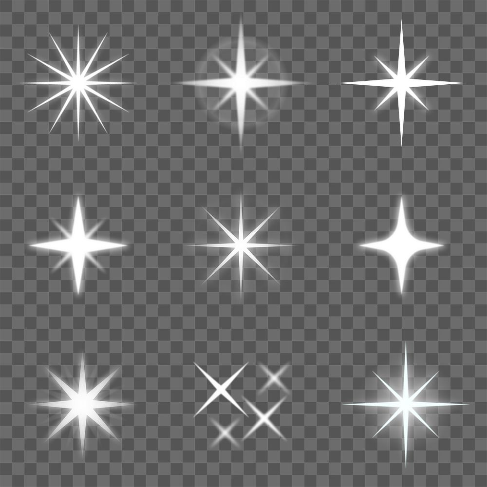 Sparkling star png cartoon set, white flat design graphics on transparent background