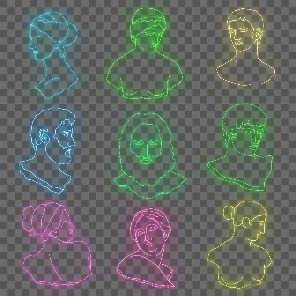 Classical sculpture png sticker, glowing neon monoline graphic on transparent background set