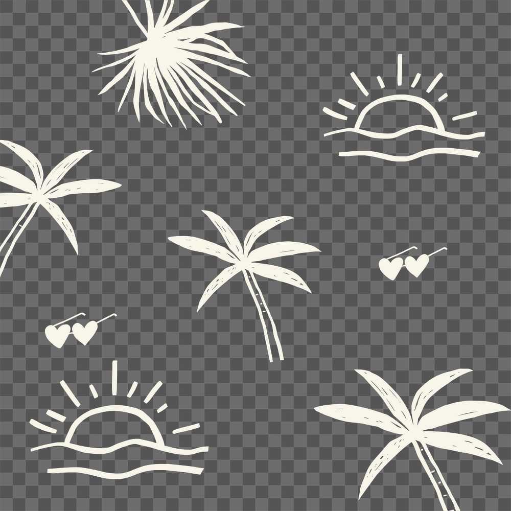 Png tropical motifs with waves, tropical plants, and summer accessories 