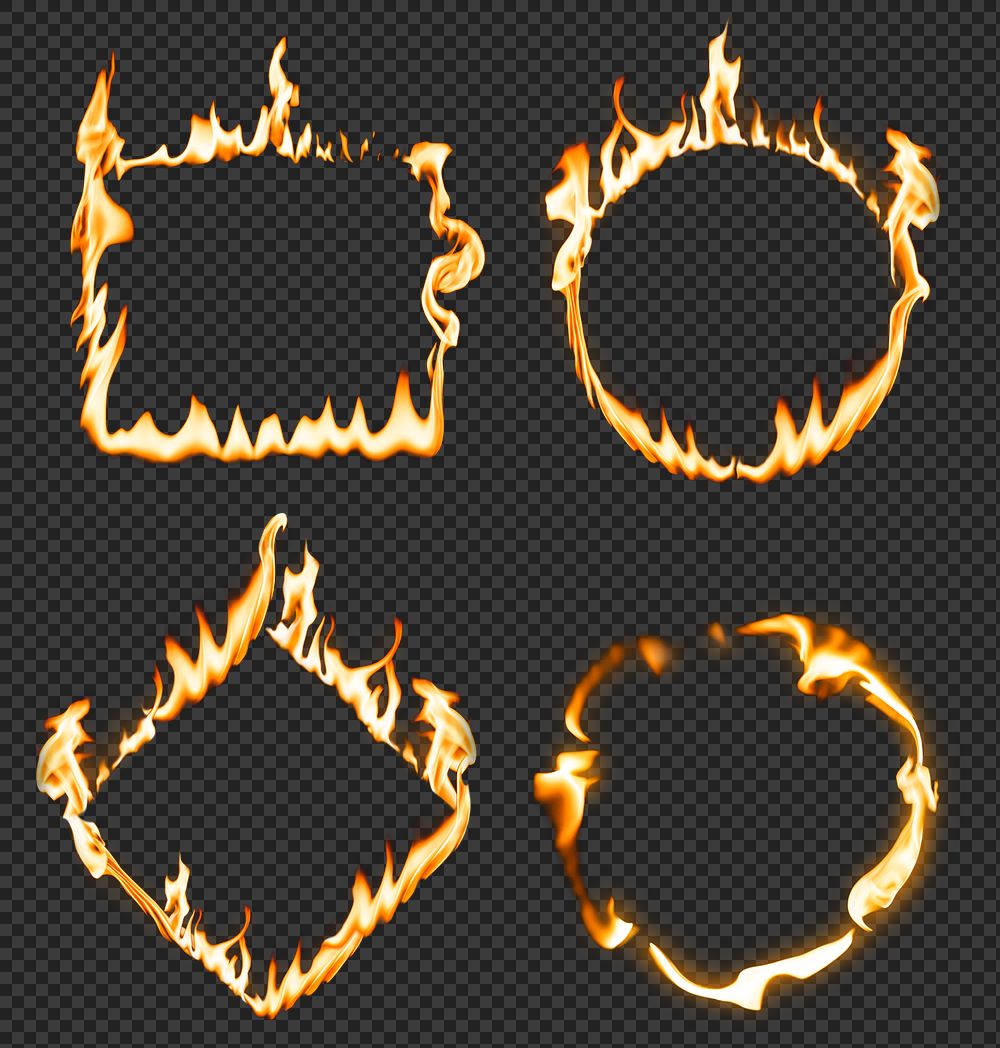 Flame png frame, square circle shapes, realistic burning fire set