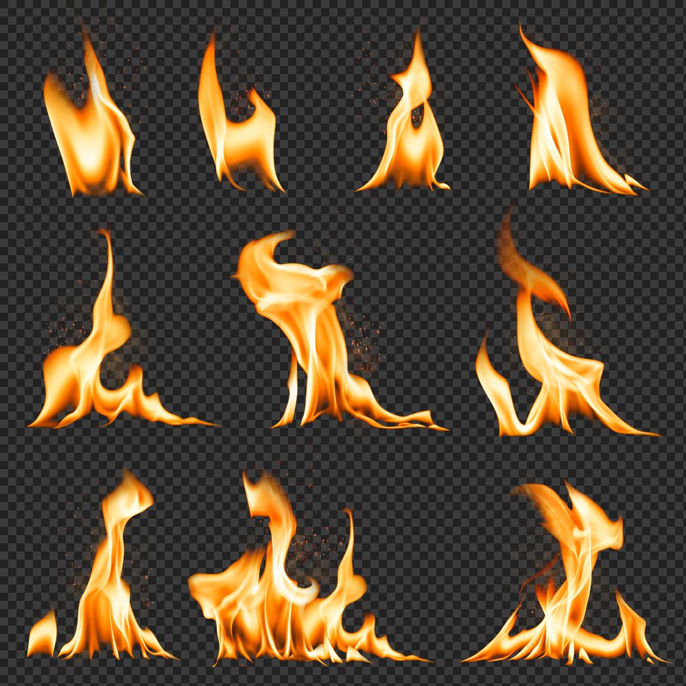Flame png sticker, realistic burning fire set