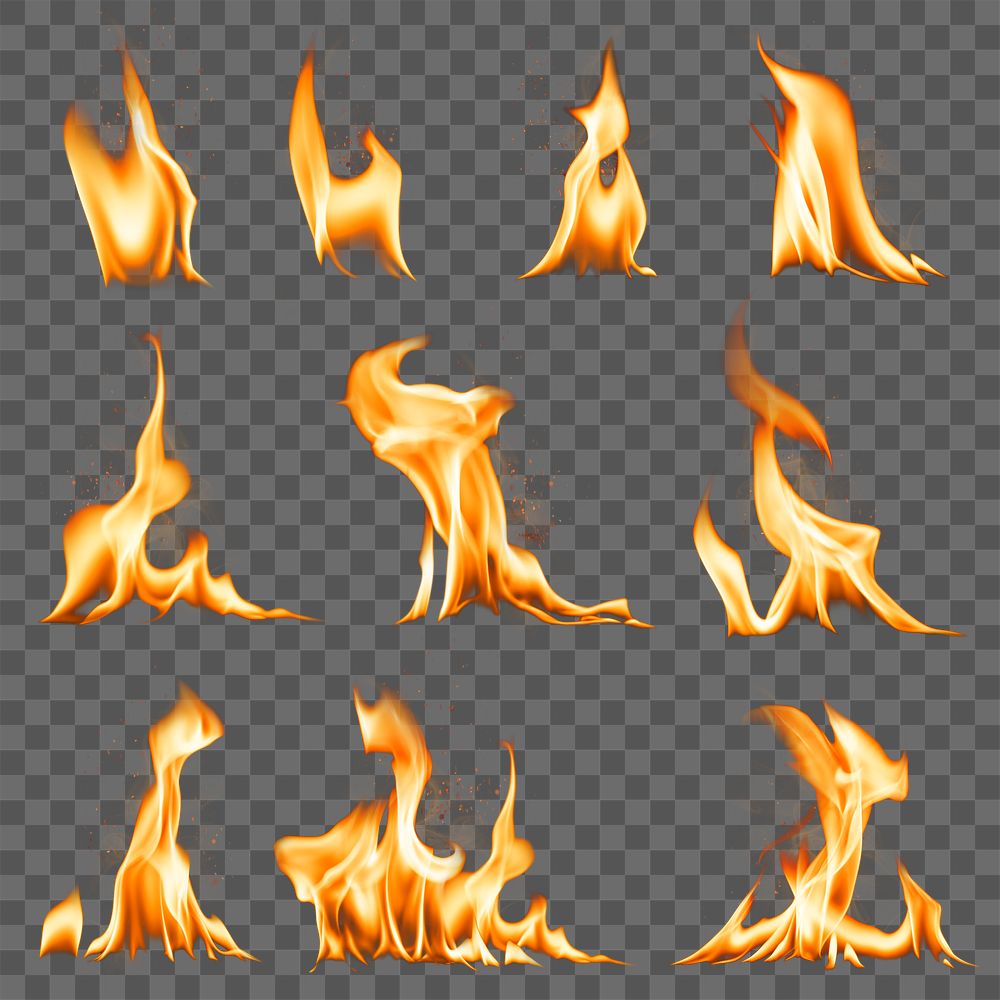 Flame png sticker, realistic burning fire set