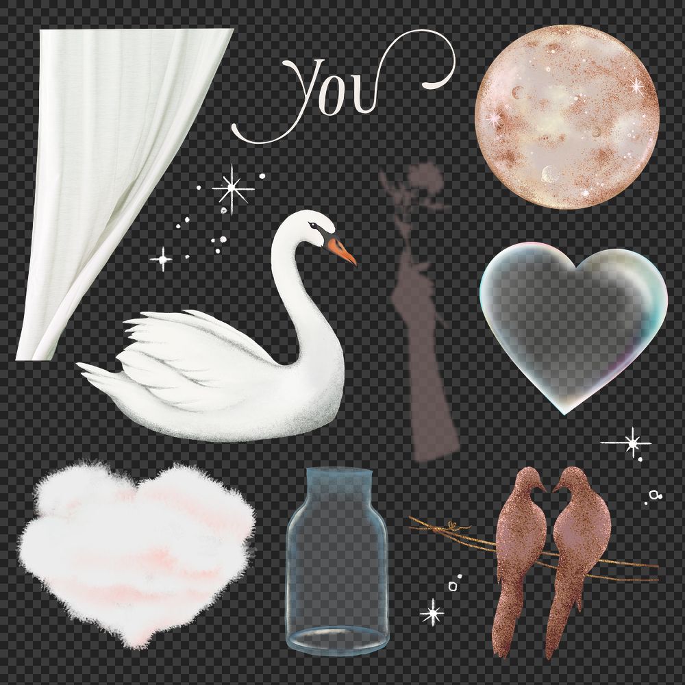 Cute pastel png stickers set, lovers design, transparent background 