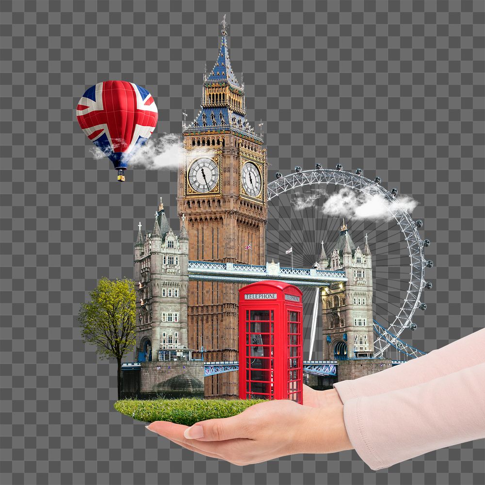 United Kingdom's png famous attractions presented by woman's hand, travel agency remixed media, transparent background