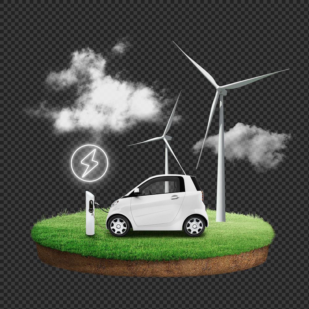 Electric car png, renewable energy floating island, transparent background