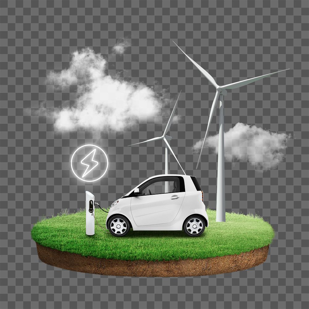 Electric car png, renewable energy floating island, transparent background
