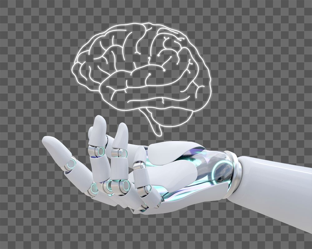 Robot holding brain png sticker, AI robotics, transparent background
