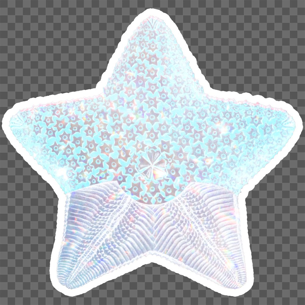 Blue holographic starfish sticker with a white border
