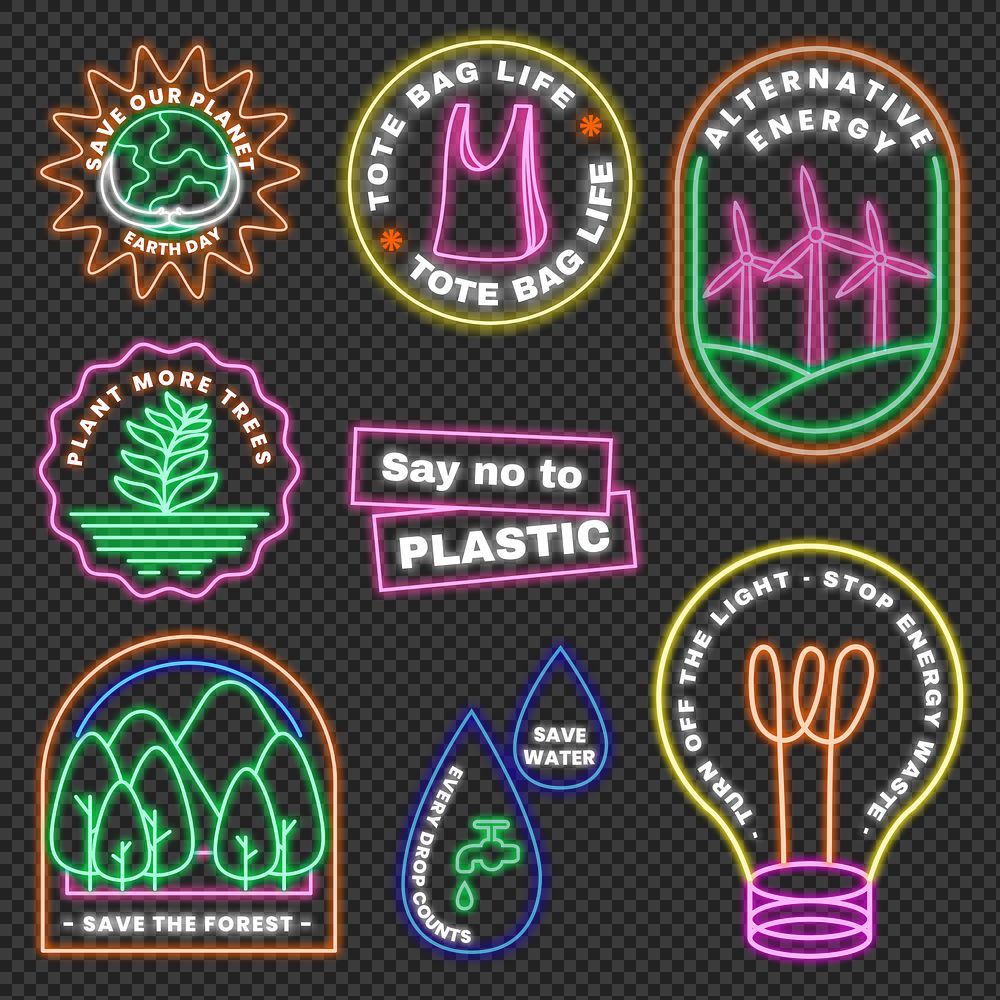Png neon sign environment illustration set, save earth