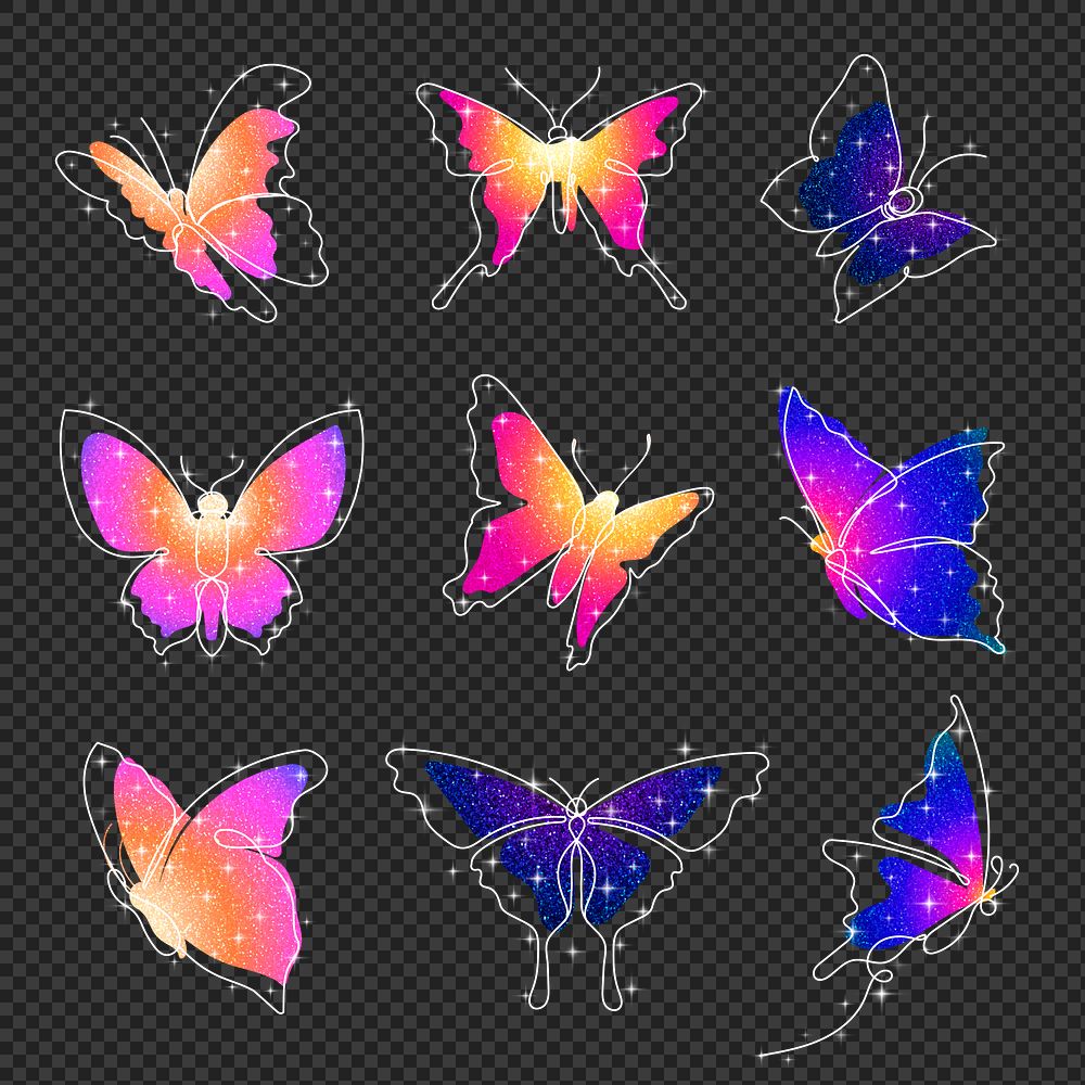Glitter butterfly png sticker, colorful aesthetic clipart set
