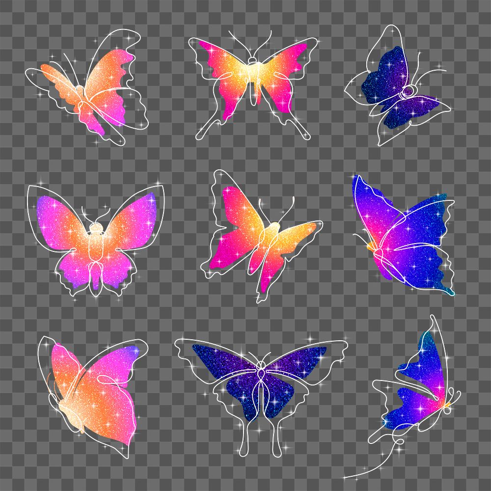 Glitter butterfly png sticker, colorful aesthetic clipart set