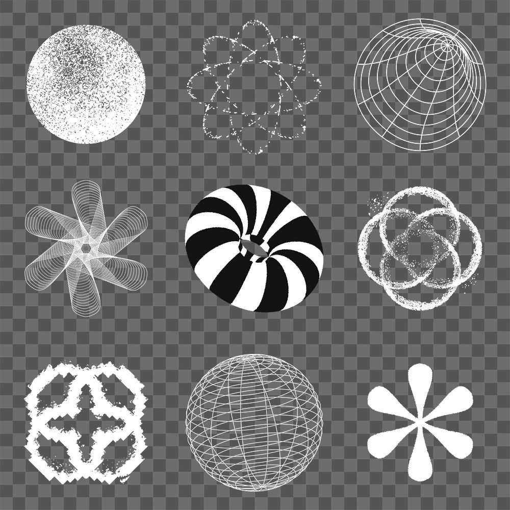 Abstract shape png stickers, black and white design set, transparent background