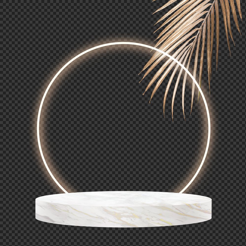 Png 3D modern product display podium with gold palm leaf and neon ring