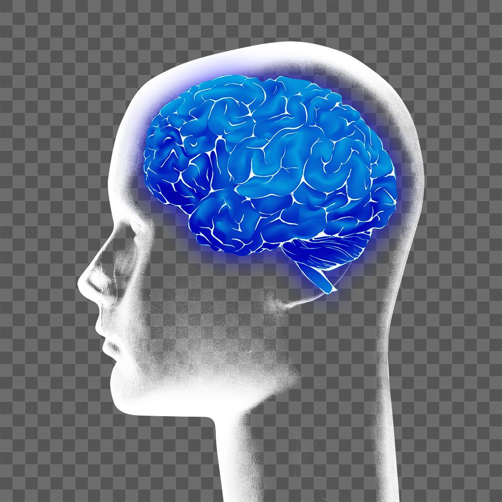 Png glowing AI brain illustration in blue
