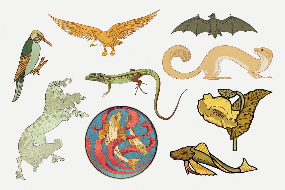 Vintage animal sticker illustration set Premium PSD rawpixel