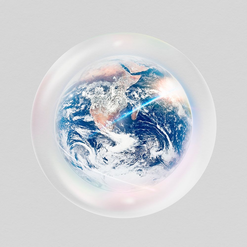 Earth whimsical floating in a bubble, surrounded by light and colorful patterns.