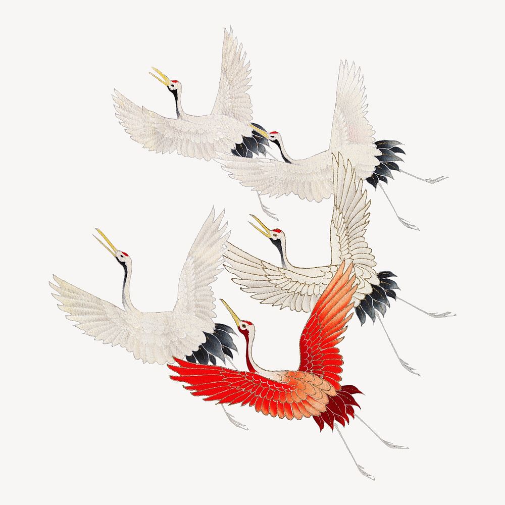 Flying cranes collage element, Japanese | Free PSD Illustration - rawpixel