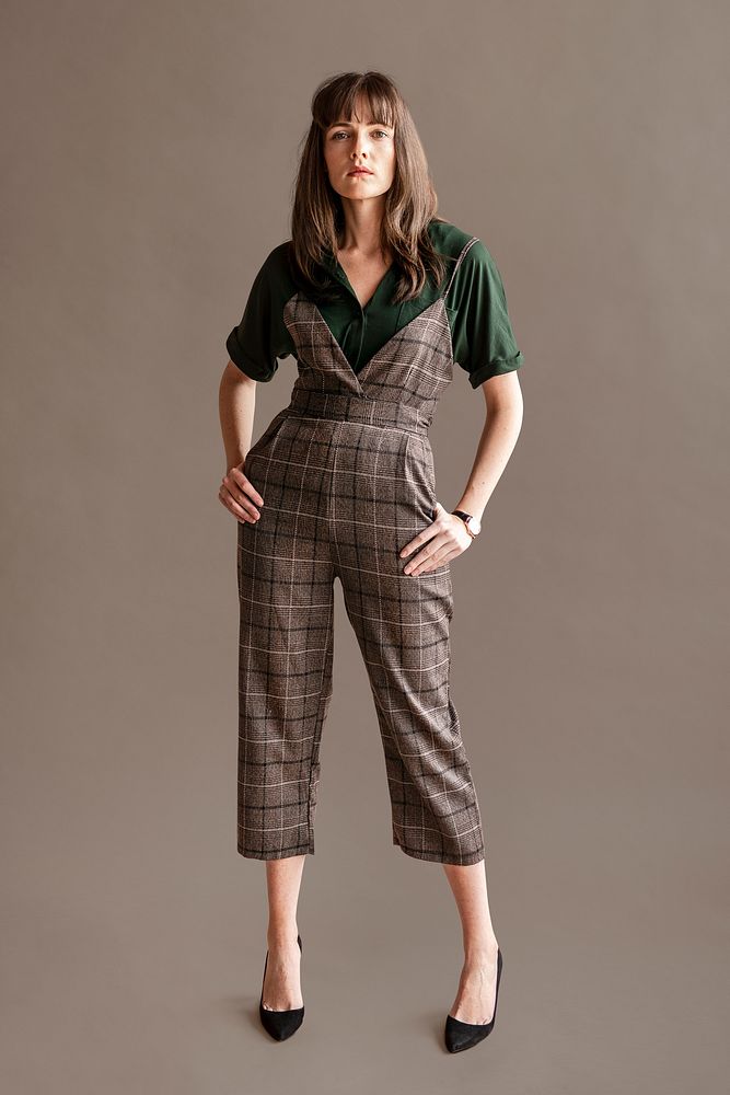 Model in a plaid jumpsuit | Premium PSD - rawpixel