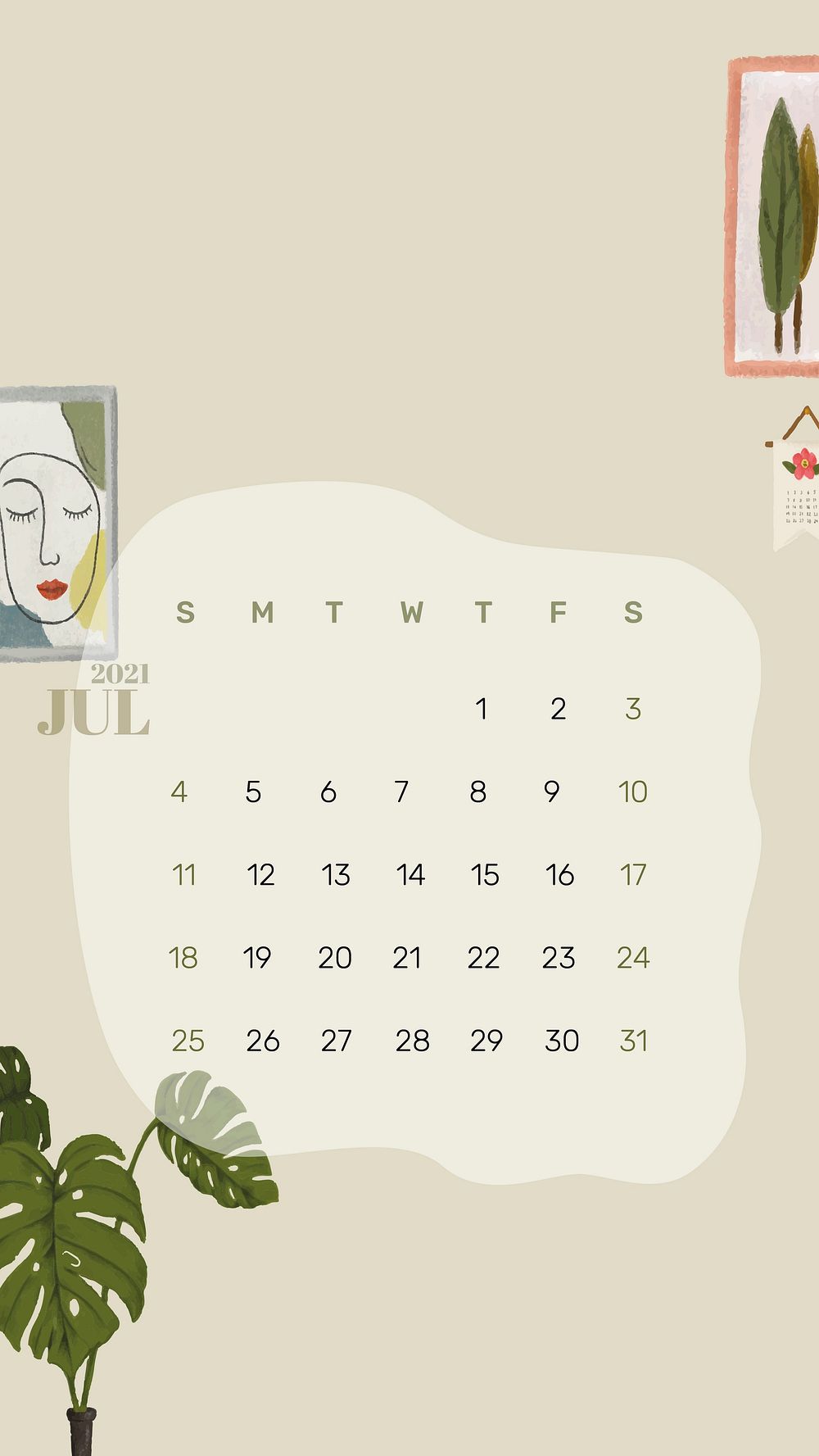 Calendar 2021 July Template Phone 