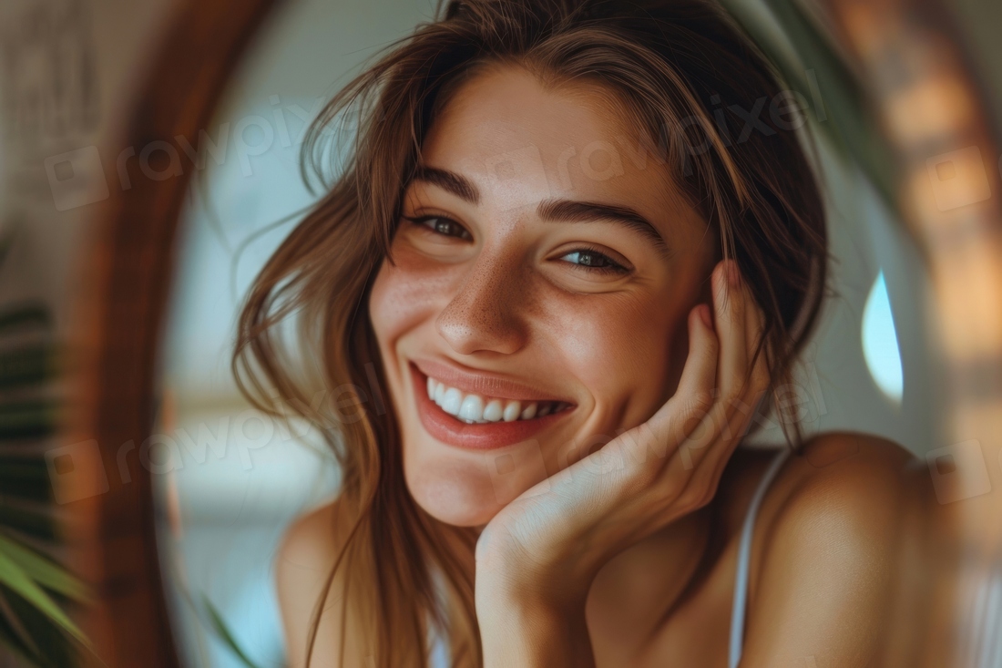 Smiling girl look mirror laughing | Free Photo - rawpixel