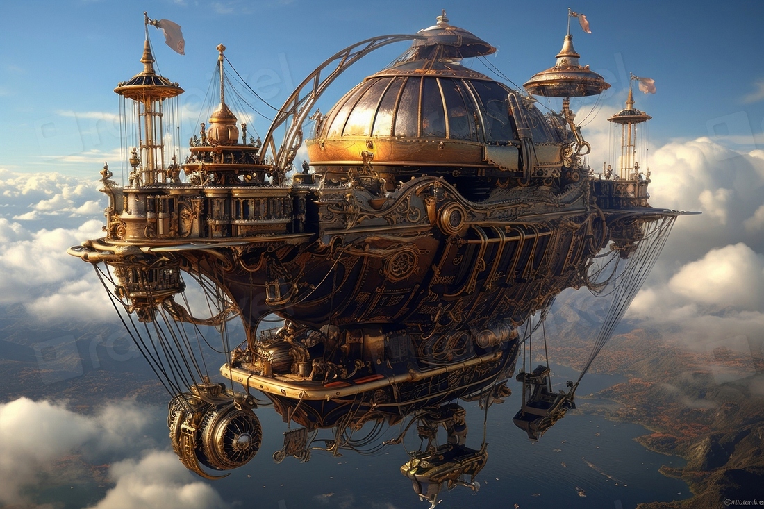 Steampunk airship vehicle transportation architecture free photo