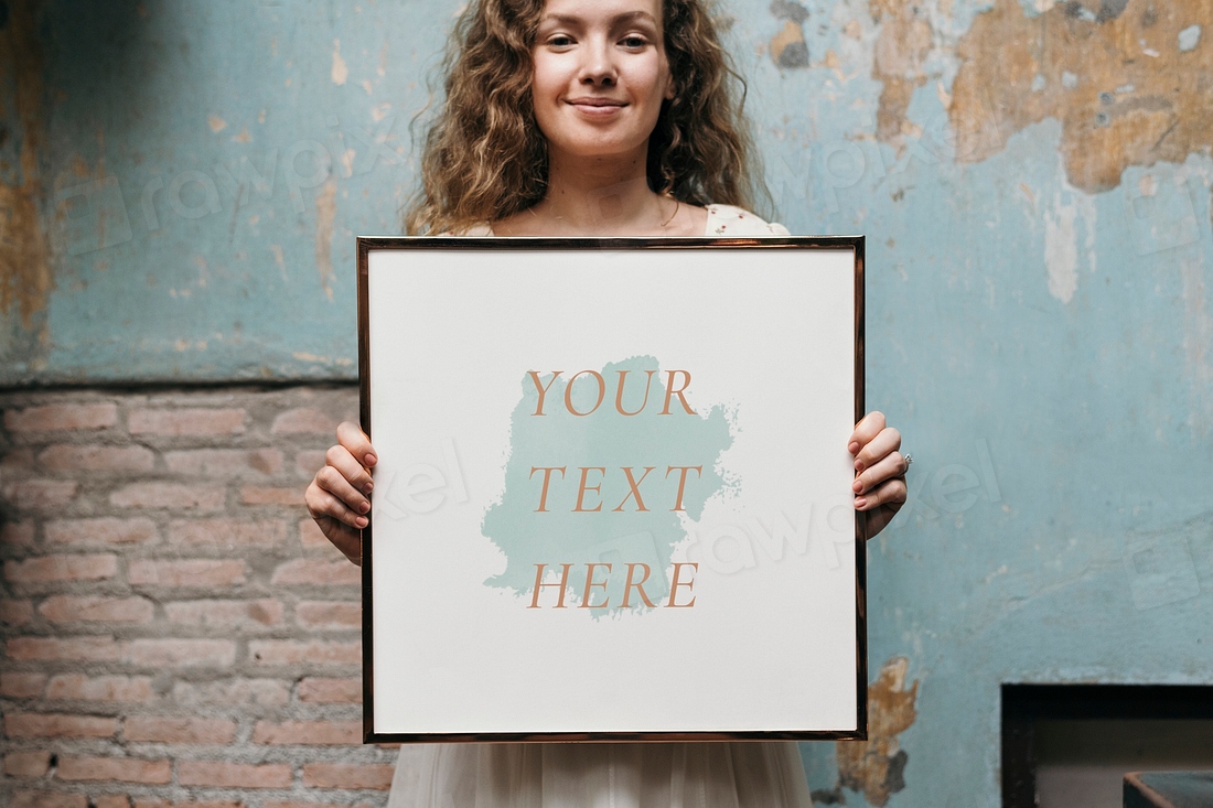 Cheerful woman holding picture frame | Premium PSD Mockup - rawpixel