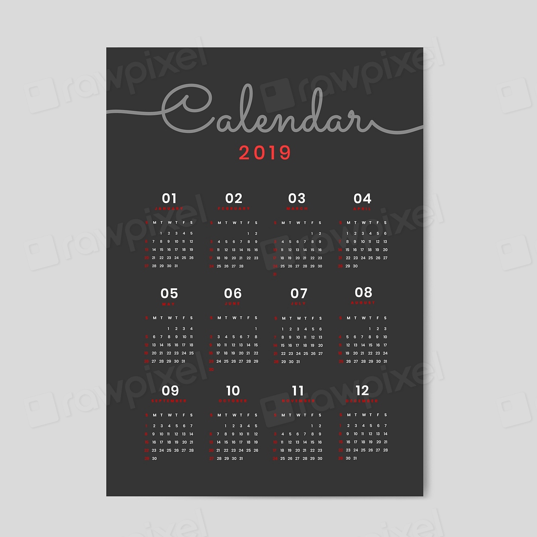 Black calendar 2019 poster vector | Free Vector - rawpixel