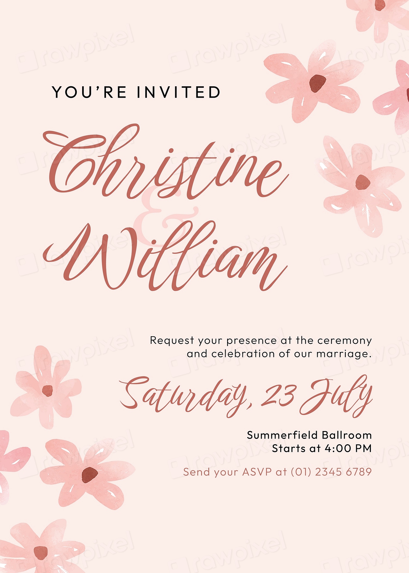 Floral wedding invitation template, pink | Premium PSD Template - rawpixel