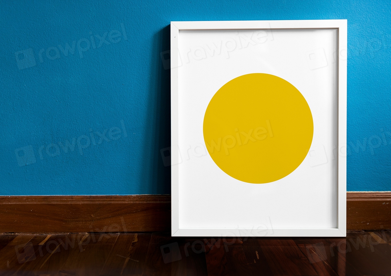 White photo frame blue wall Premium PSD Mockup rawpixel
