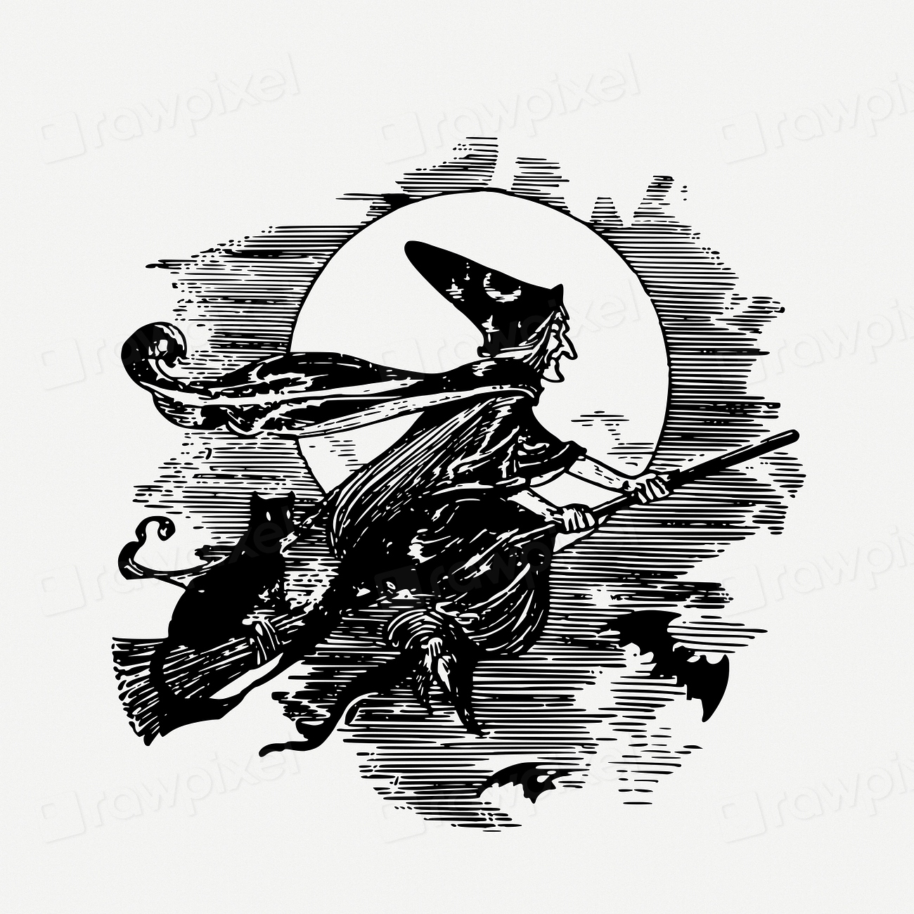 Flying Witch Drawing Halloween Vintage Free Psd Rawpixel 