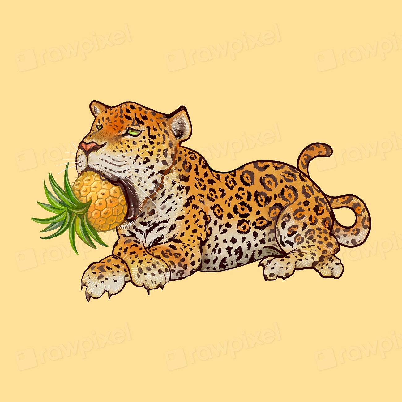 Illustration of tiger eating pineapple | Free Photo Illustration - rawpixel