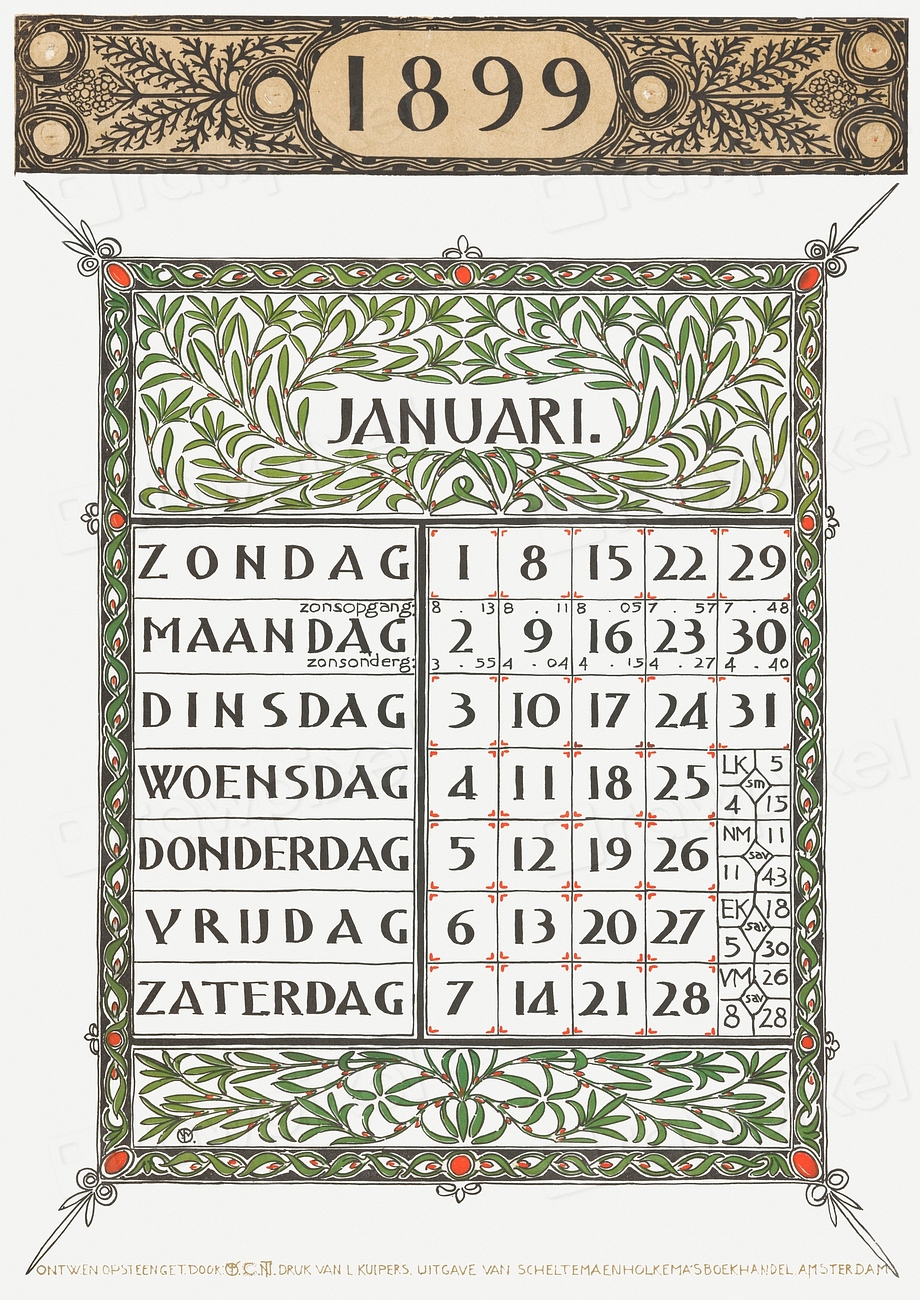 Calendar for January 1899 (1898) | Free Photo Illustration - rawpixel