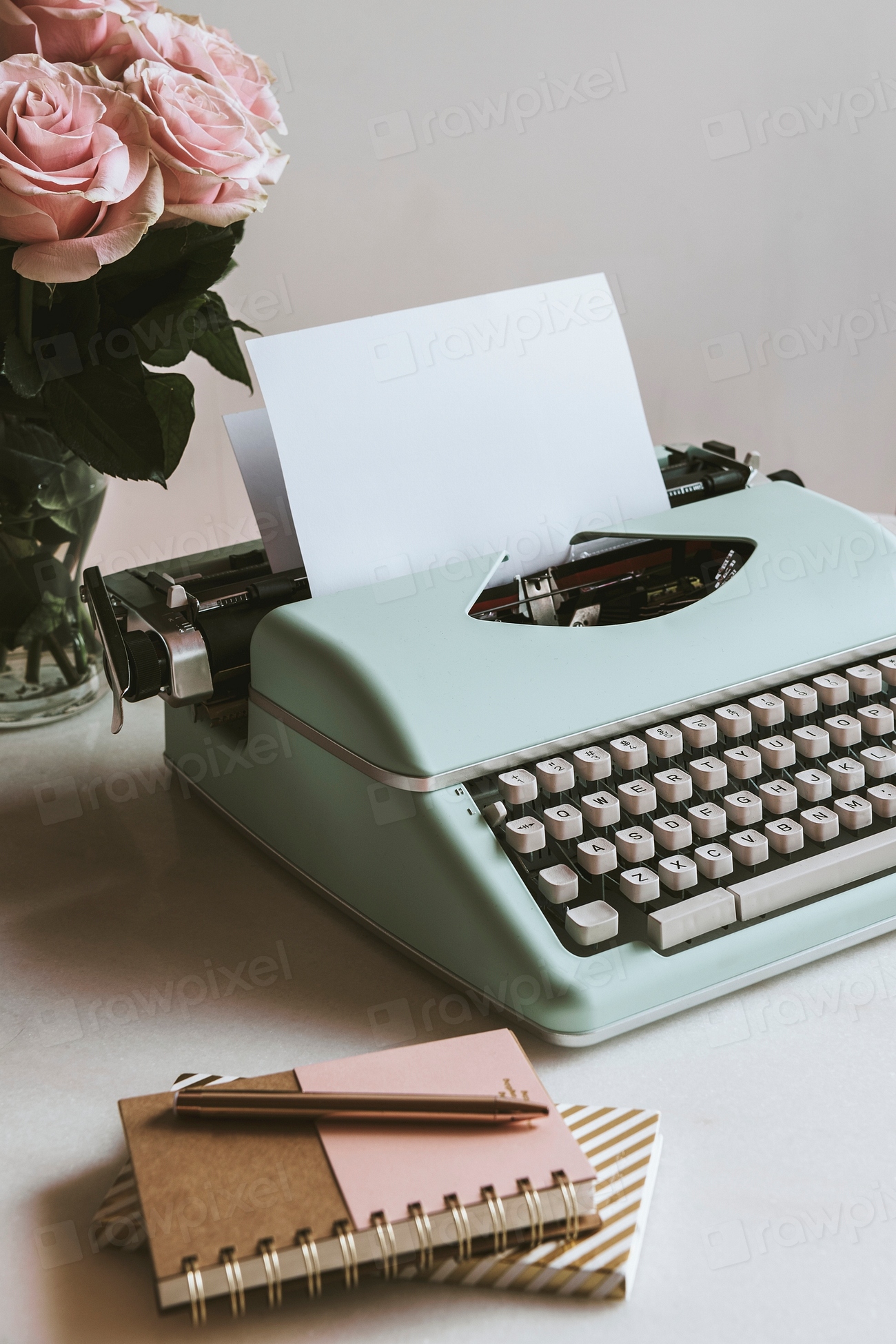 Retro mint typewriter pink roses | Premium Photo - rawpixel