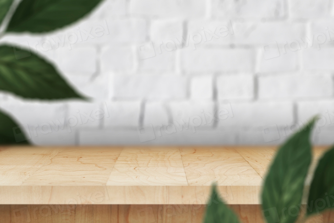 Wooden table leaves white brick | Premium PSD Mockup - rawpixel