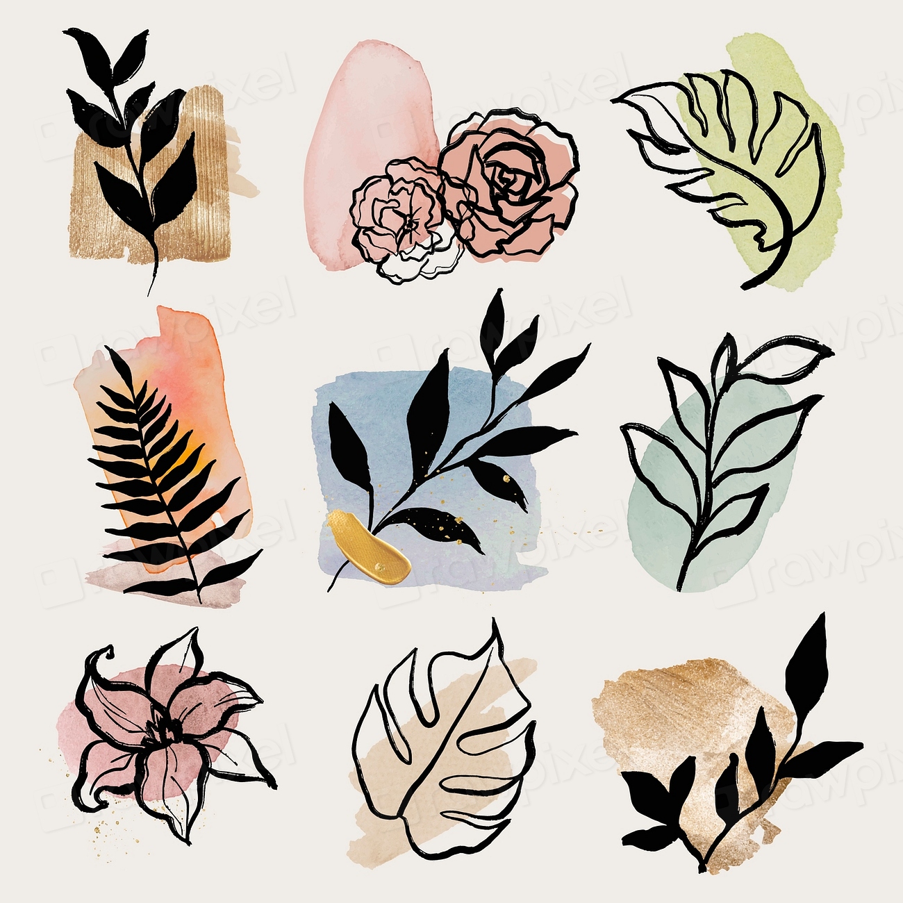 watercolor-botanical-stickers-abstract-leaf-premium-vector-rawpixel