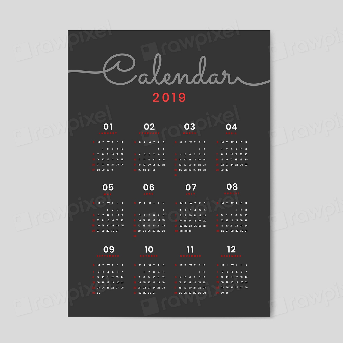 Black calendar 2019 poster vector | Free Vector - rawpixel